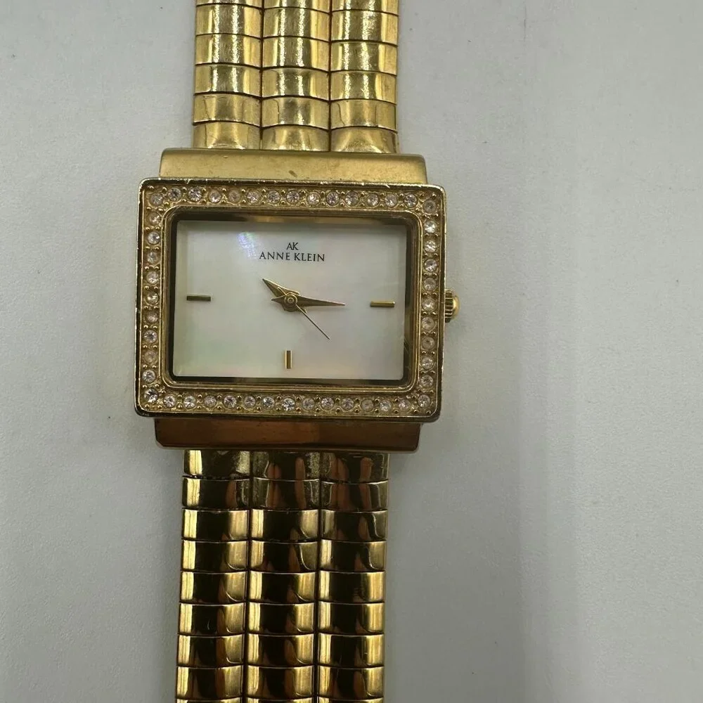 Anne Klein Watch Gold Tone Crystal Bezel Omega Chain Band New Battery 6.25